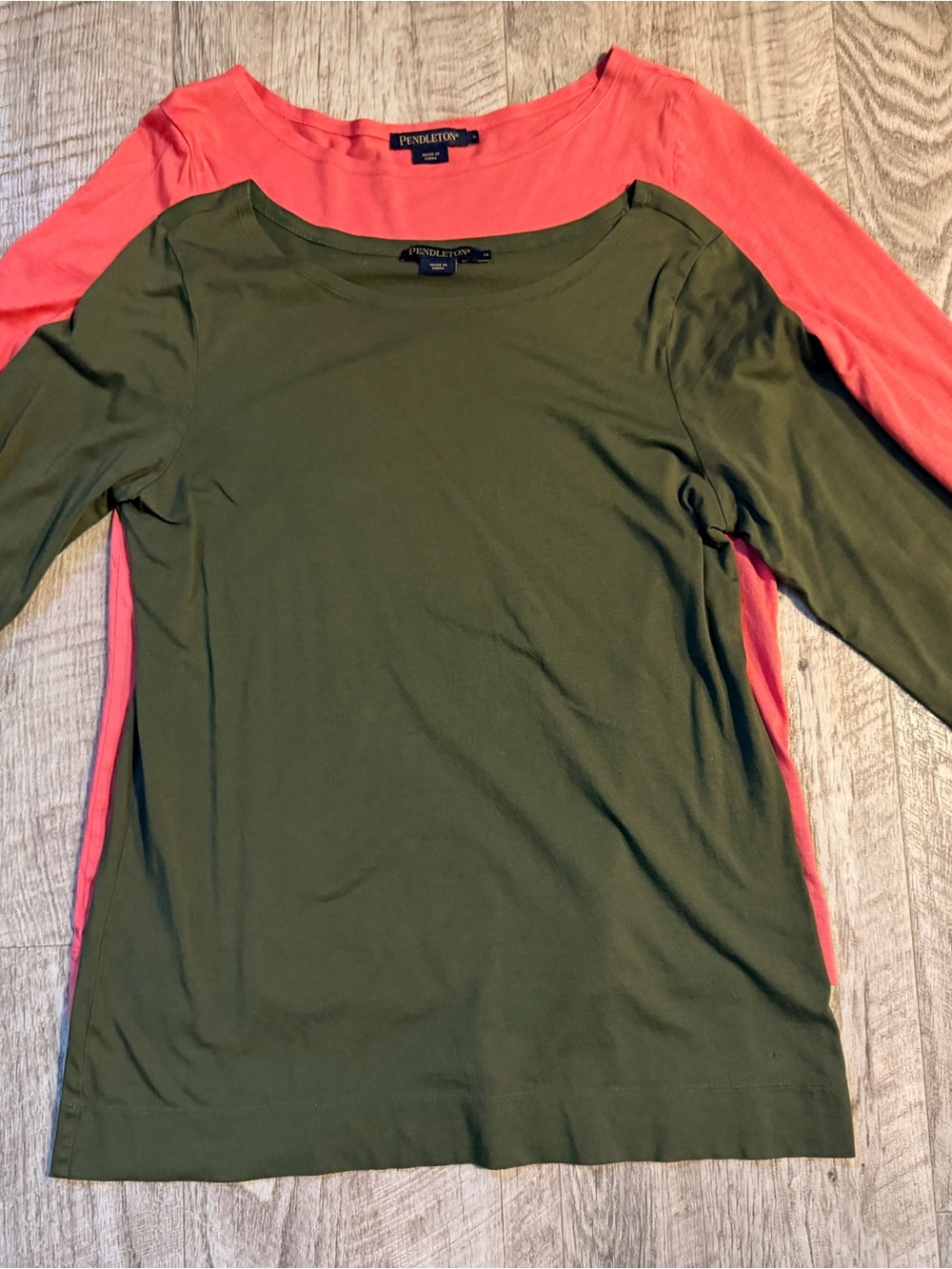 Pendleton Olive Green & Coral Long Sleeve Scoop Neck Tops